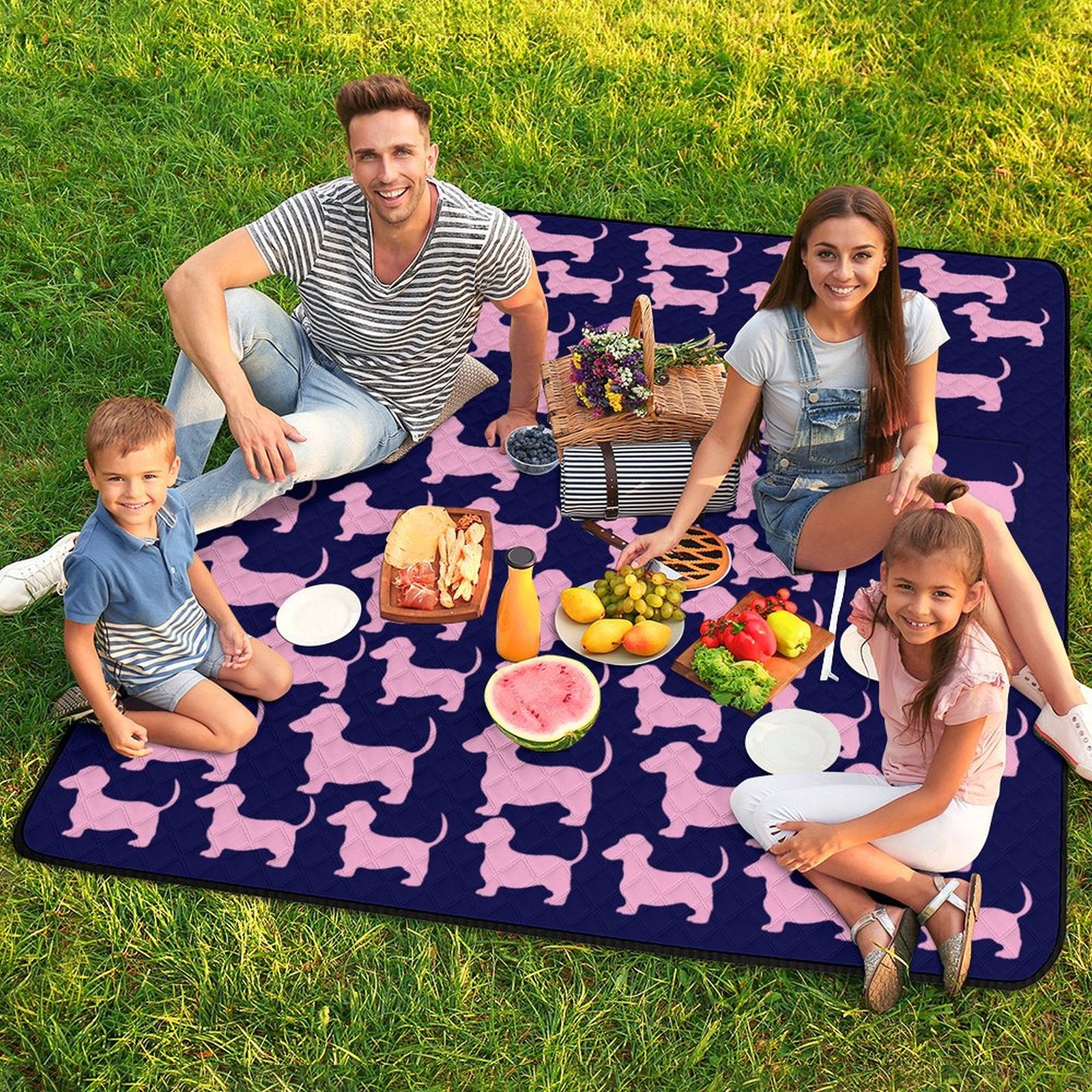 Dachshund Navy/Pink Massive 2M x 2M Zip Up Picnic Rug