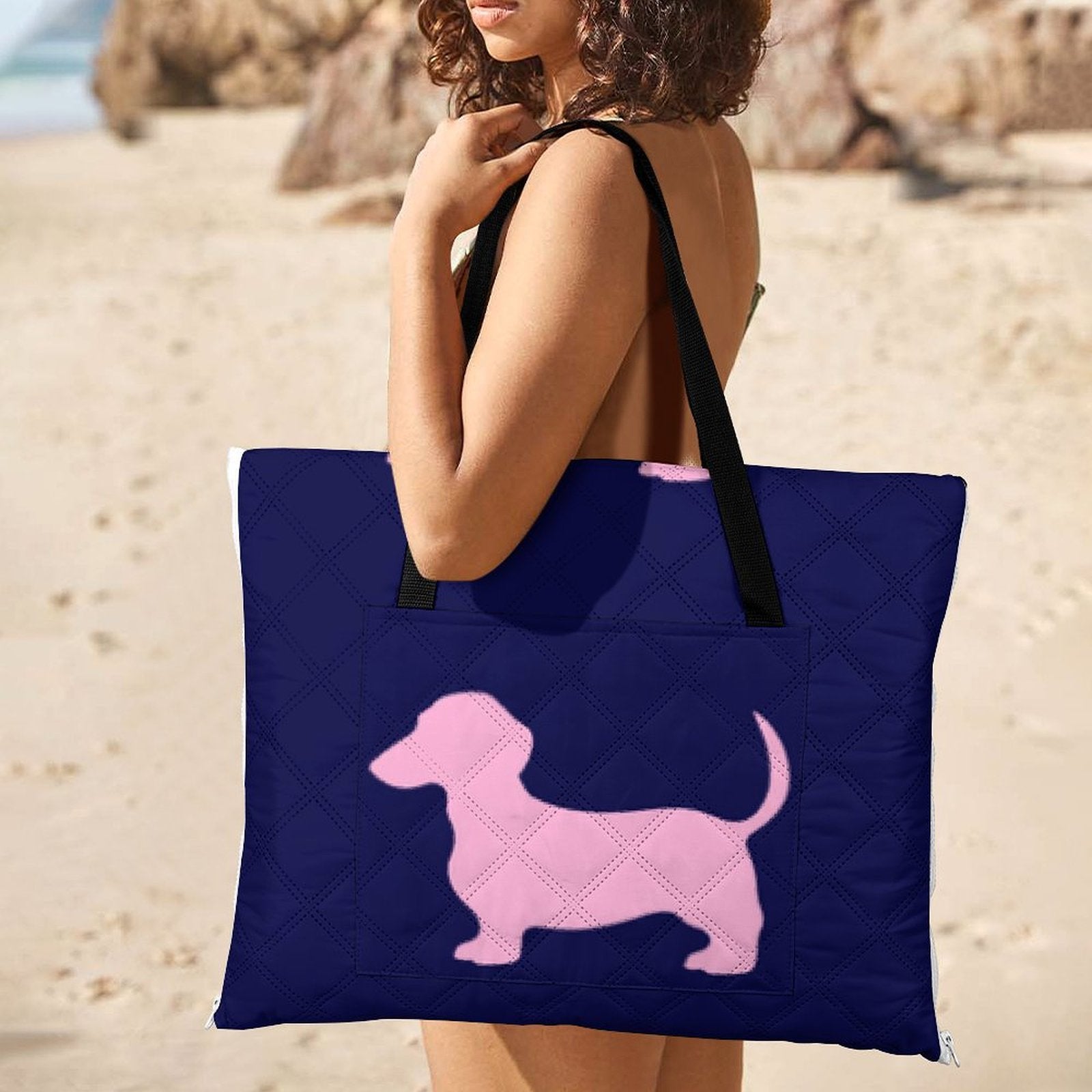 Dachshund Navy/Pink Massive 2M x 2M Zip Up Picnic Rug