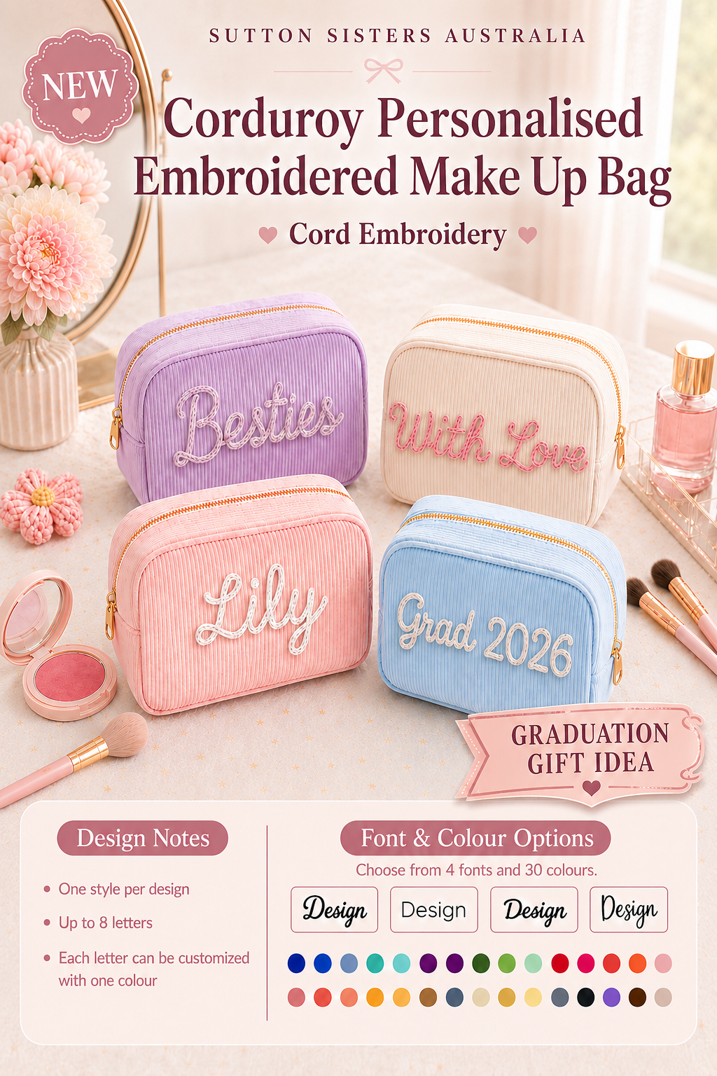 Corduroy Personalised Embroidered Make Up Bag | Sutton Sisters Australia